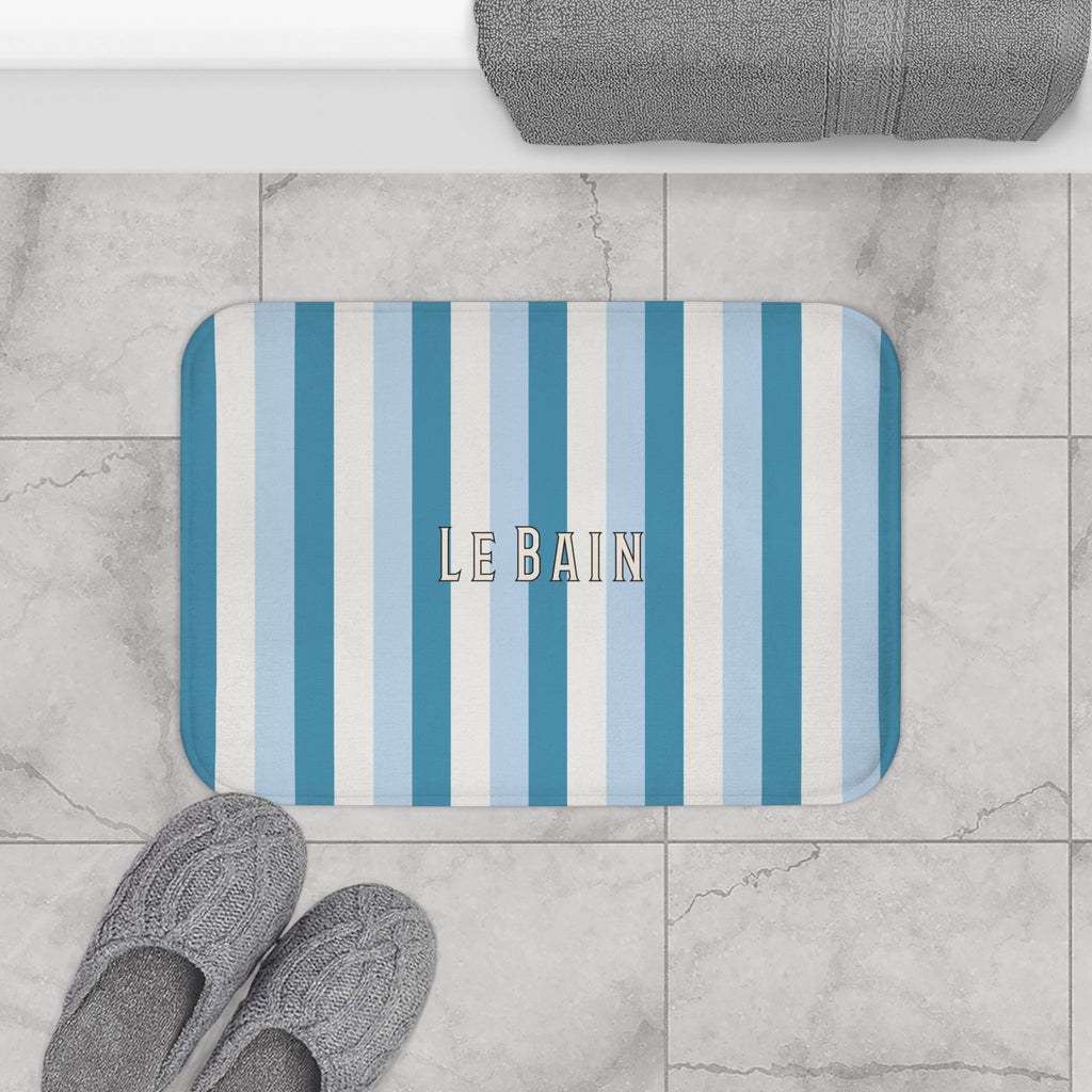 Tri-Color Azure Striped 'Le Bain' Bath Mat – French Coastal Bathroom Rug