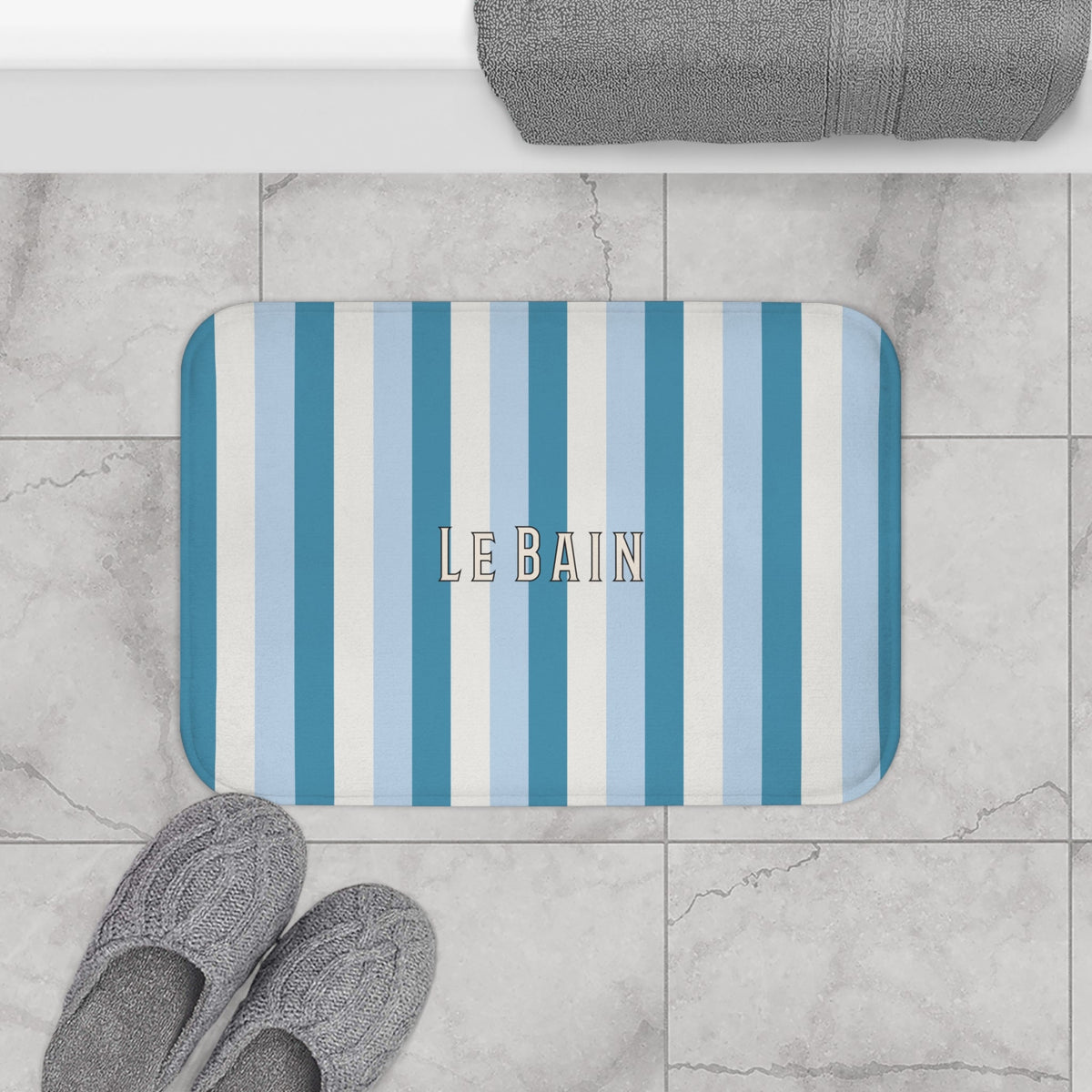 Tri-Color Azure Striped 'Le Bain' Bath Mat – French Coastal Bathroom Rug