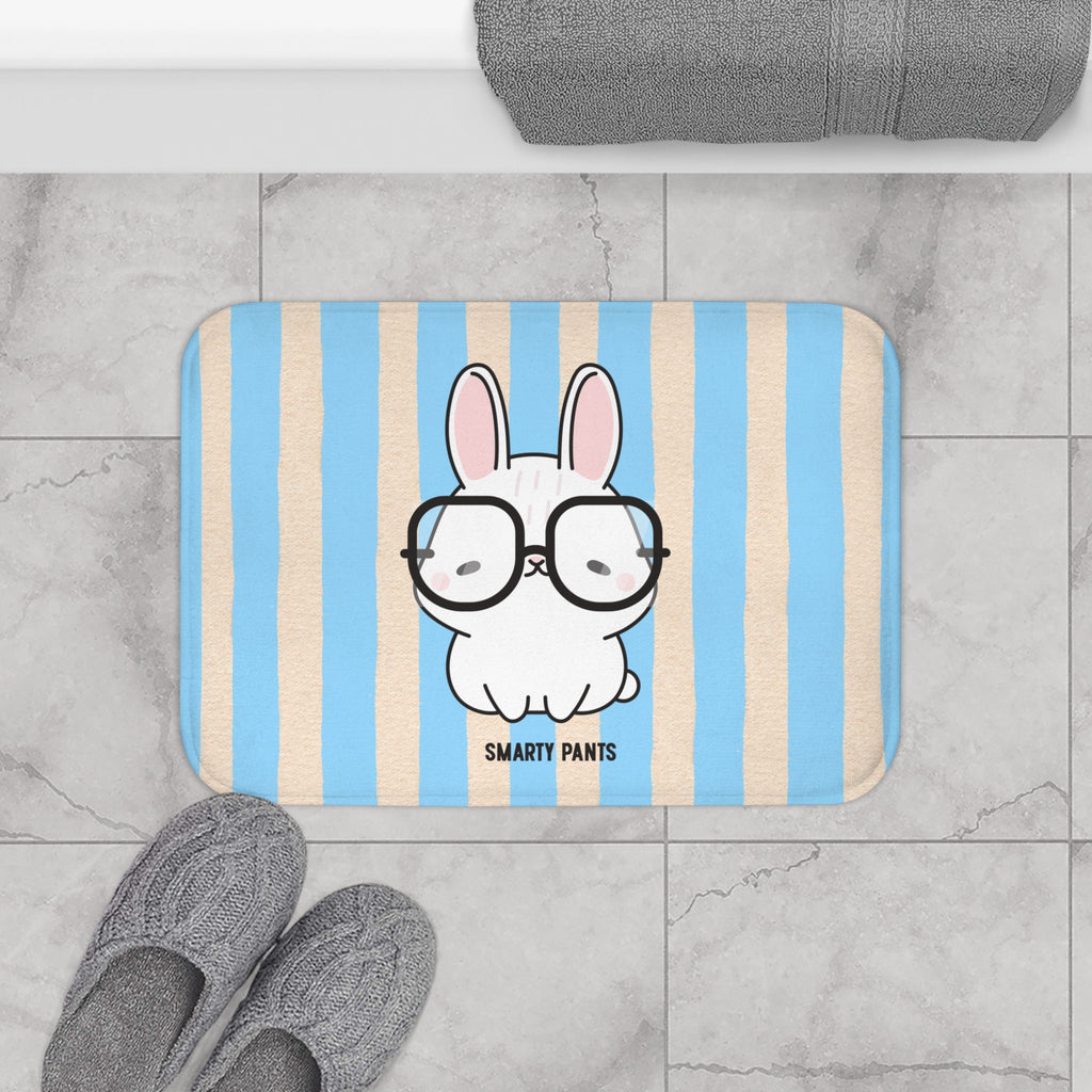 Cute Bunny "Smarty Pants" Bath Mat — Blue Striped Bathroom Rug for Kids & Nursery
