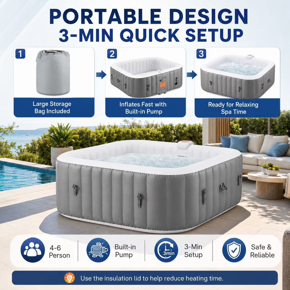 73''Inflatable Hot Tub, Outdoor Hot Tub for 6 Person Indoor Home Spa with Hidden Machine, 130 Massage Jets, Lockable Cover, Storage Bag, 4 Filters, 2 Cup Holders, Max 104℉, 910L Capacity