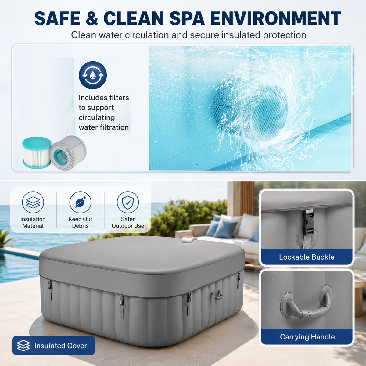 73''Inflatable Hot Tub, Outdoor Hot Tub for 6 Person Indoor Home Spa with Hidden Machine, 130 Massage Jets, Lockable Cover, Storage Bag, 4 Filters, 2 Cup Holders, Max 104℉, 910L Capacity