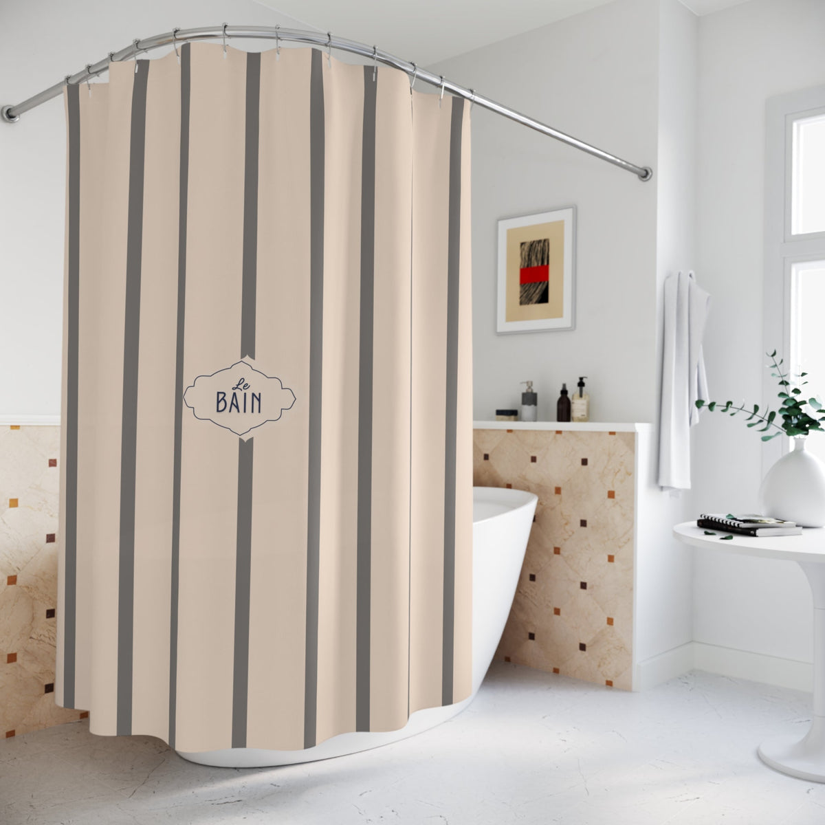 Shower Curtain — Grey Striped French 'Le Bain' Bathroom Decor