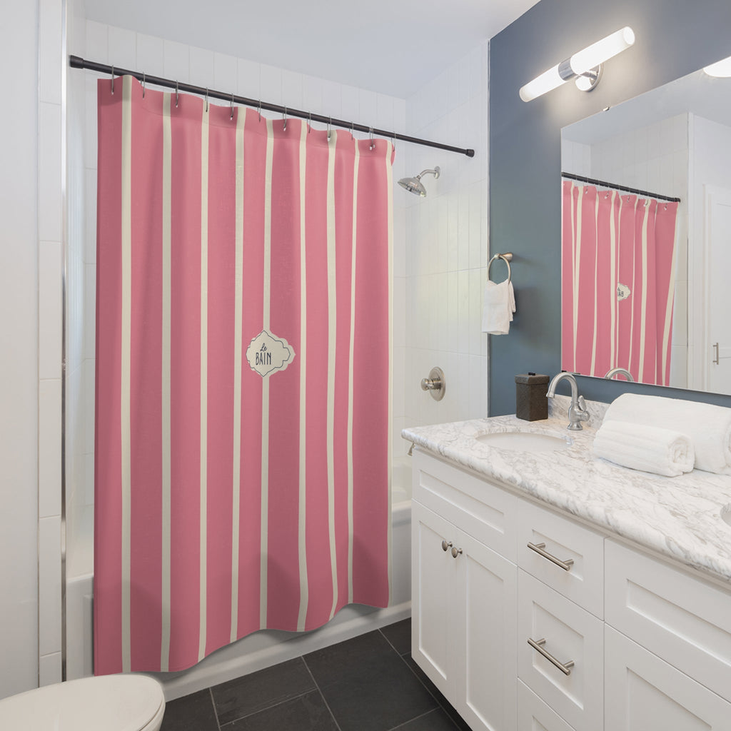 Shower Curtain — Pink Striped French 'Le Bain' Bathroom Decor