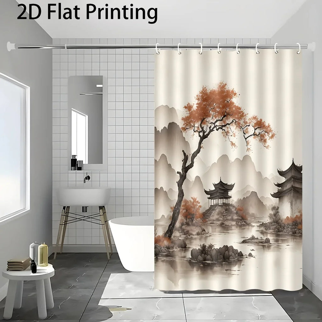 Chinese Pagoda & Misty Mountain Landscape Shower Curtain – Waterproof Oriental Fabric Bath Curtain (180×200cm)