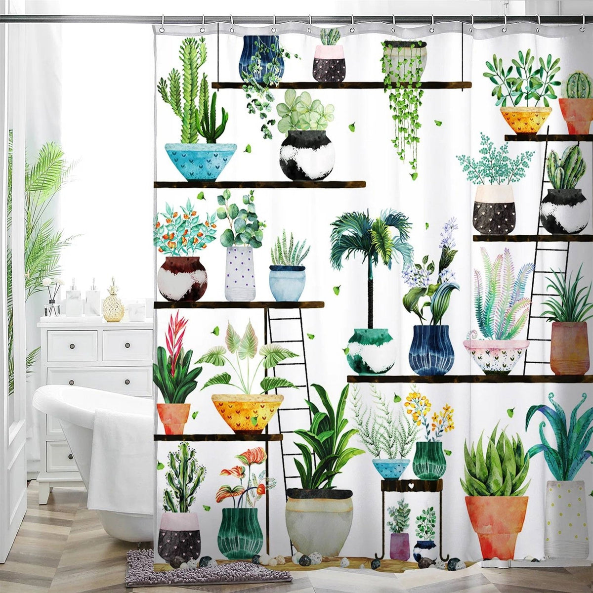 72-in. Watercolor Plants Botanical Floral Flower Pots Succulents Shower Curtain
