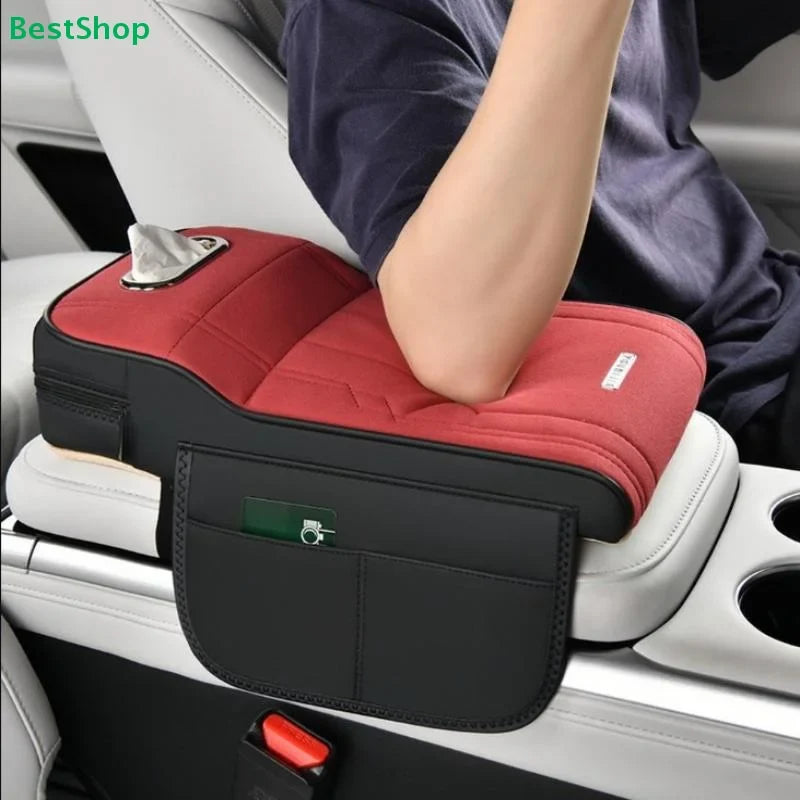 Car Armrest Cushion with Tissue Box & Storage Pocket