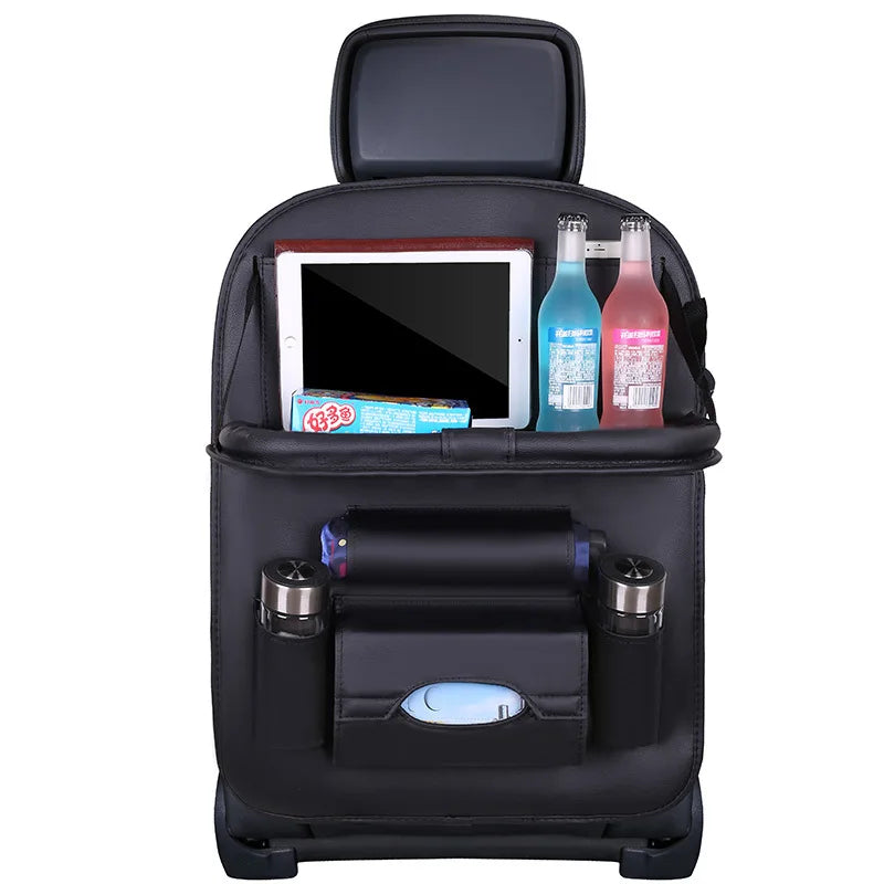 Car Seat Back Organizer PU Leather Foldable Table Tray with Storage Pockets And Kick Mats - Vehicle Interior Accessories