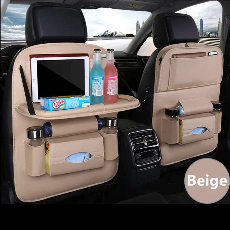 Car Seat Back Organizer PU Leather Foldable Table Tray with Storage Pockets And Kick Mats - Vehicle Interior Accessories