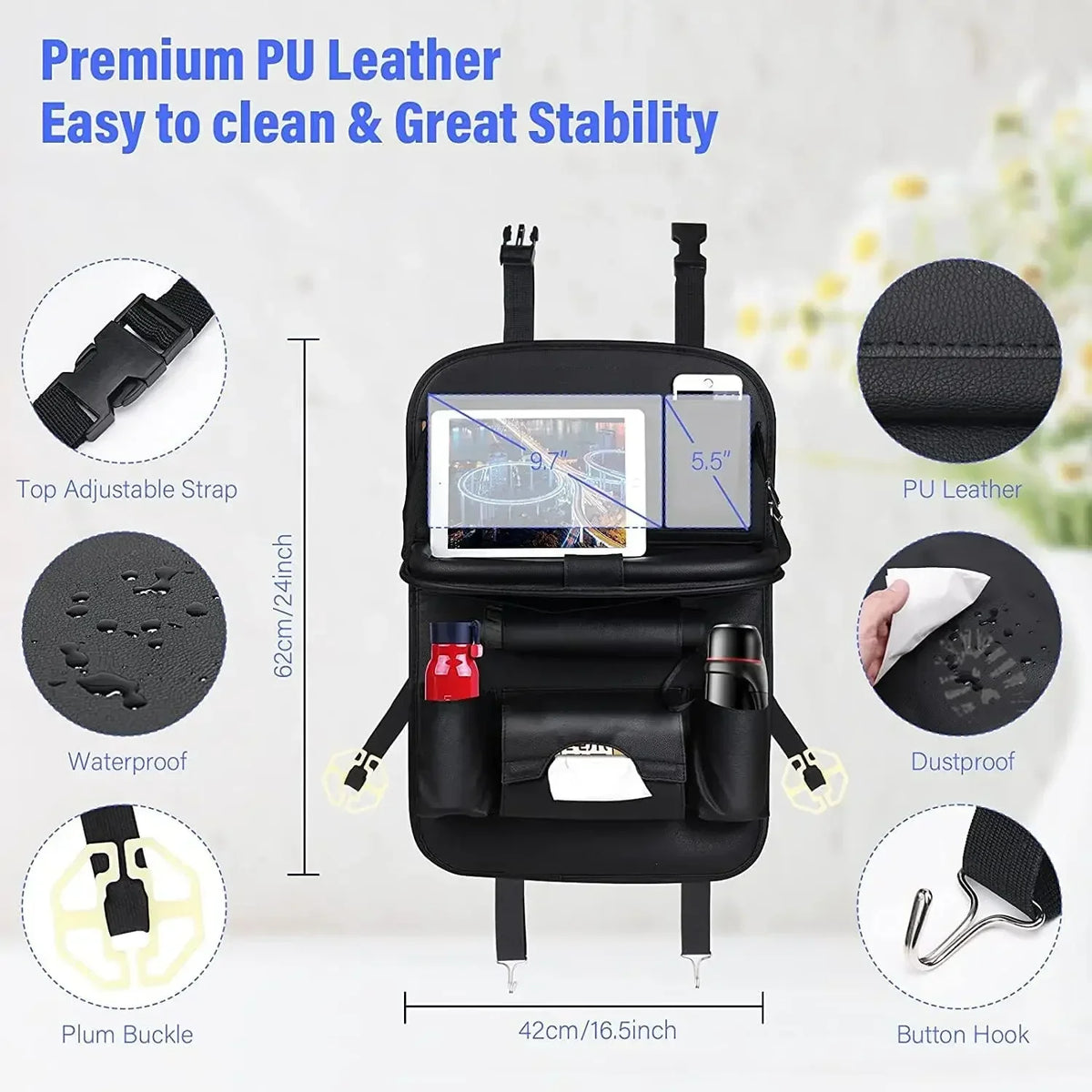 Car Seat Back Organizer PU Leather Foldable Table Tray with Storage Pockets And Kick Mats - Vehicle Interior Accessories