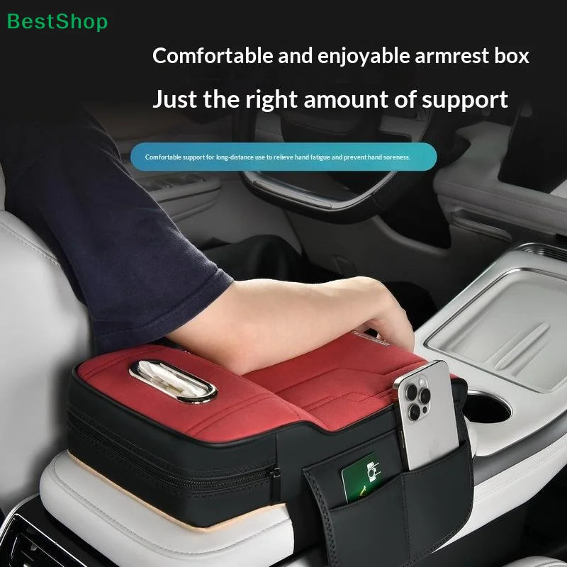 Car Armrest Cushion with Tissue Box & Storage Pocket