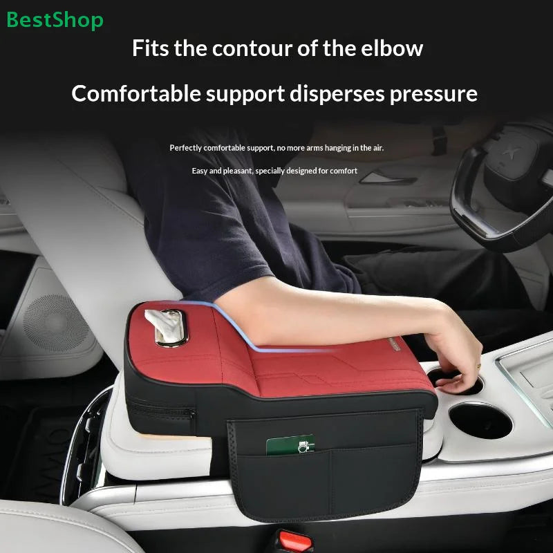 Car Armrest Cushion with Tissue Box & Storage Pocket