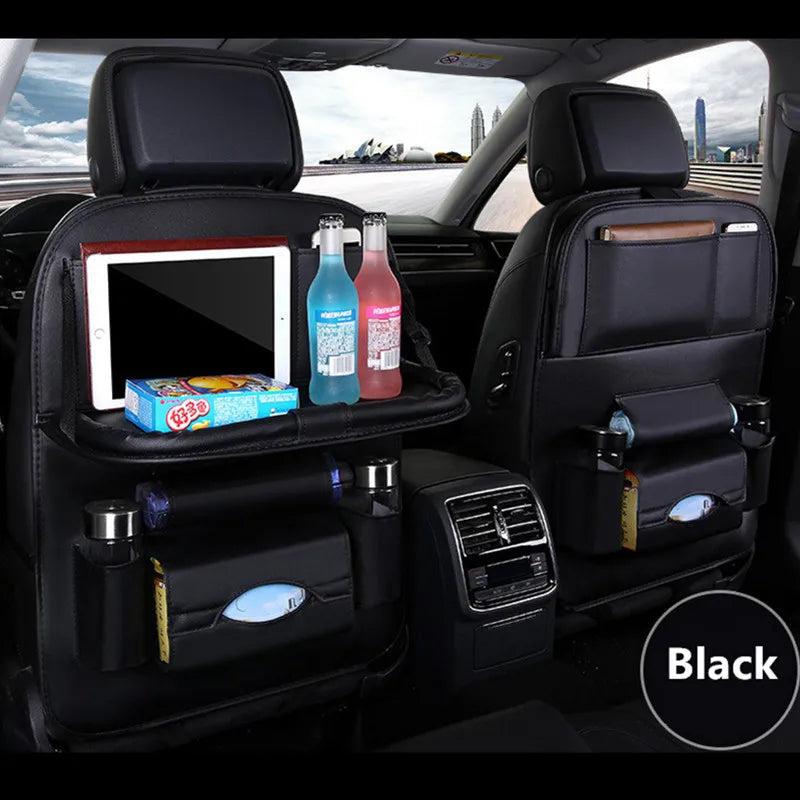 Car Seat Back Organizer PU Leather Foldable Table Tray with Storage Pockets And Kick Mats - Vehicle Interior Accessories
