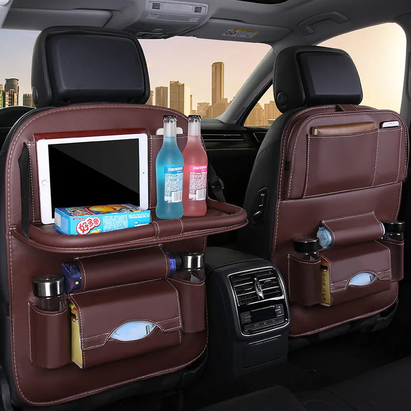 Car Seat Back Organizer PU Leather Foldable Table Tray with Storage Pockets And Kick Mats - Vehicle Interior Accessories