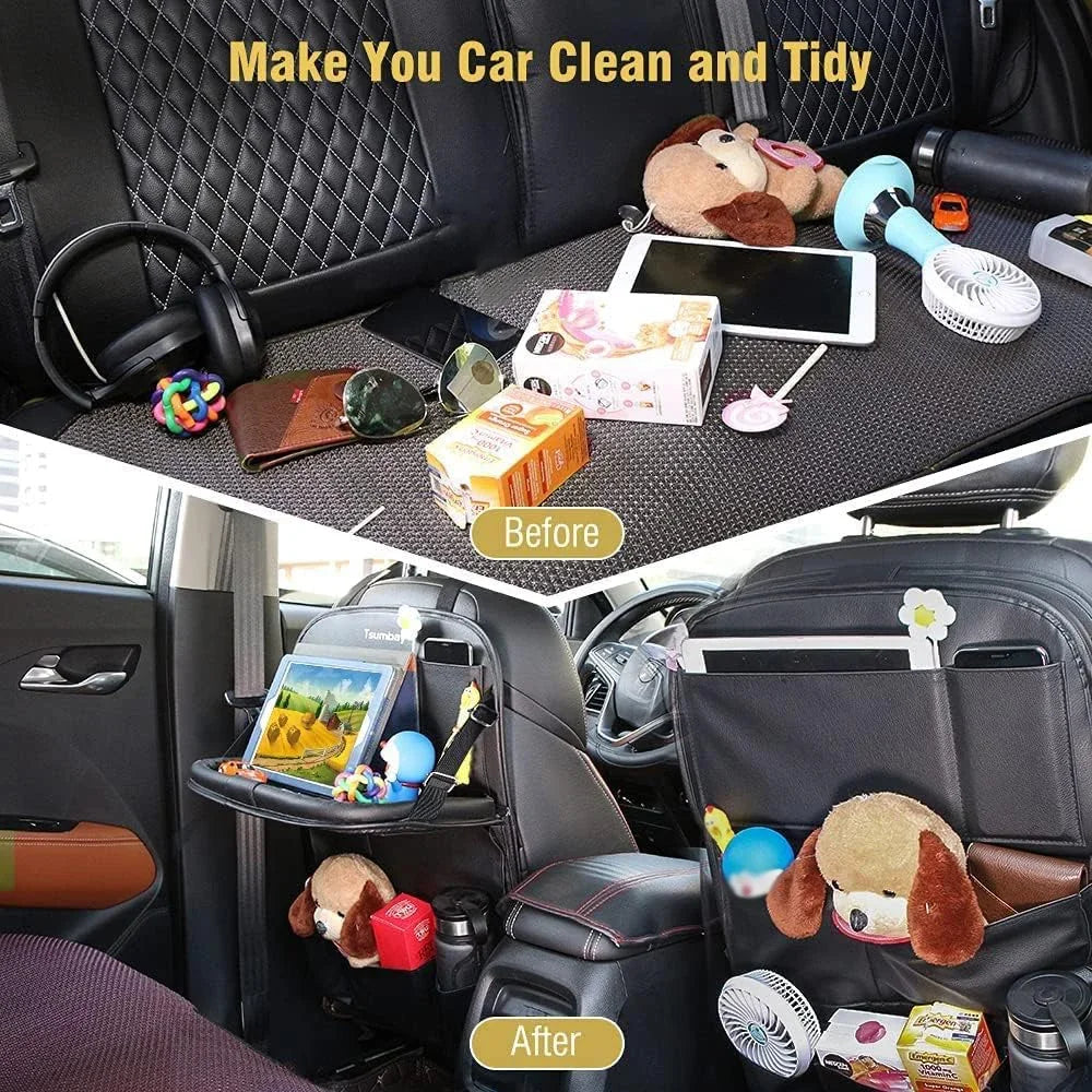 Car Seat Back Organizer PU Leather Foldable Table Tray with Storage Pockets And Kick Mats - Vehicle Interior Accessories